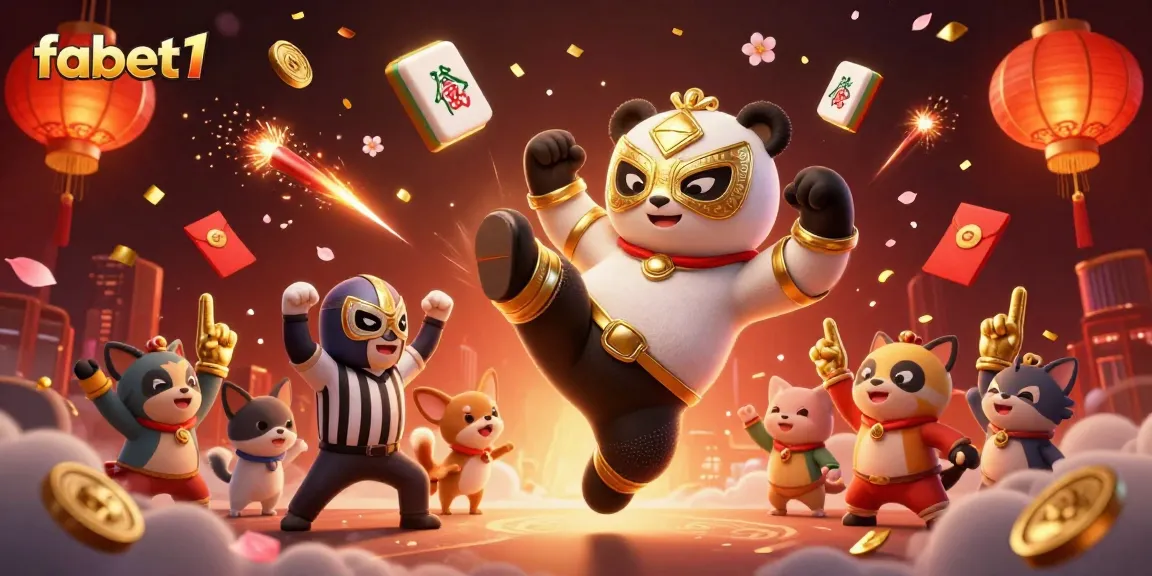 Experience the excitement of fabet1 with a lively illustration featuring a wrestling panda and cheering spectators.