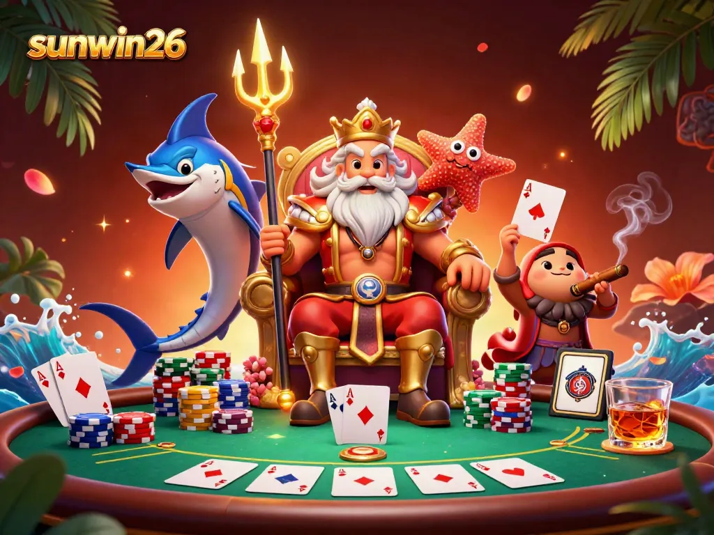 Experience thrilling gameplay at sunwin26 with a vibrant poker scene featuring Neptune and samurai.