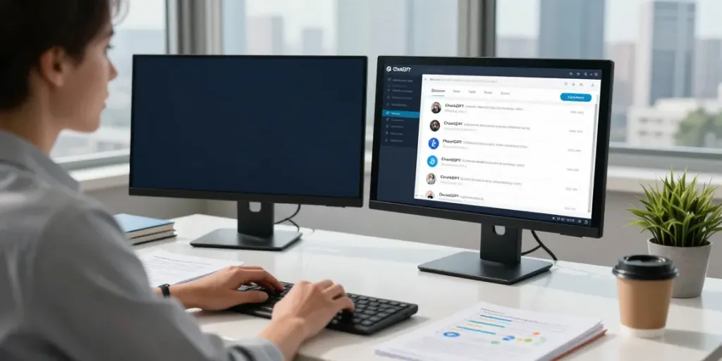 Track brand mentions in ChatGPT displayed on dual monitors in a modern workspace.