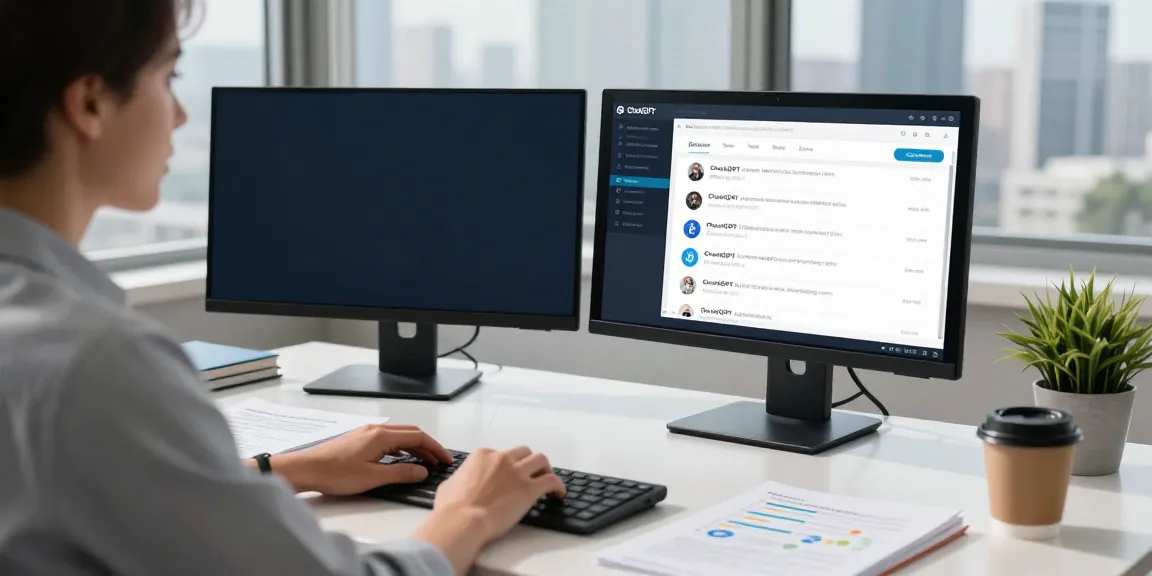 Track brand mentions in ChatGPT displayed on dual monitors in a modern workspace.