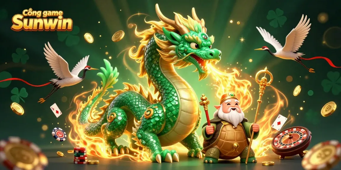 Engage with Cổng game Sunwin through a vibrant 3D illustration of a jade dragon and casino elements.