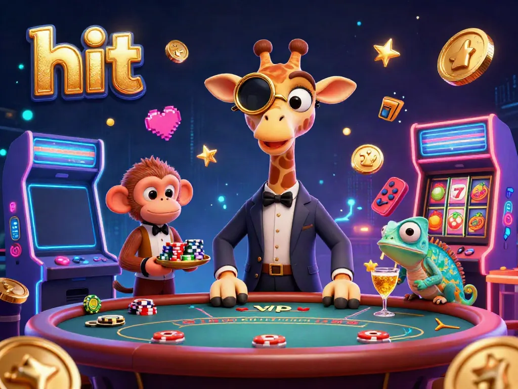 Hit casino illustration featuring vibrant characters, poker tables, and gaming elements for engaging visuals.