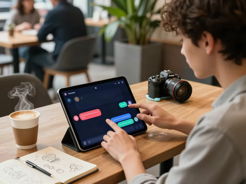 User enjoying unfiltered AI chat on tablet at a coffee shop, vibrant tech lifestyle.