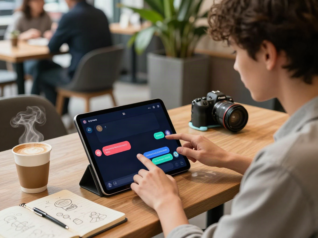 User enjoying unfiltered AI chat on tablet at a coffee shop, vibrant tech lifestyle.