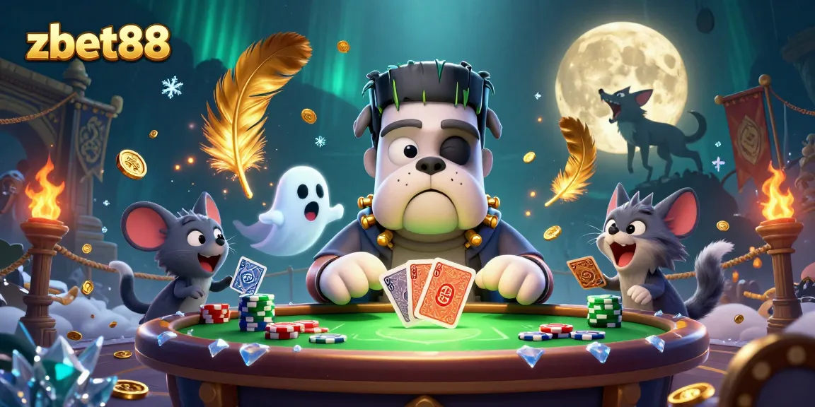 Experience the zbet88 action with a cartoon bulldog dealer, enchanting ghost mouse, and a werewolf kitten in a vibrant casino.
