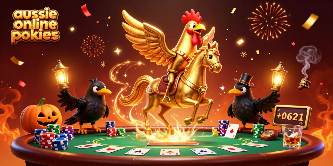 Aussie online pokies come alive in this vibrant 3D casino scene with a golden rooster and charming crows.