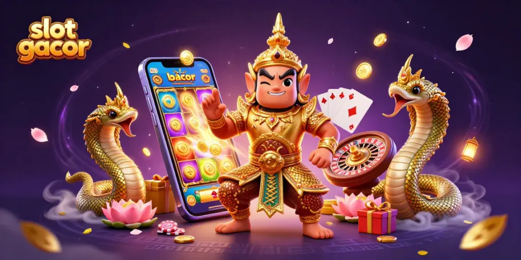 Permainan slot gacor dengan karakter penjaga kuil Thailand di latar belakang peruntungan, dikelilingi elemen kasino.
