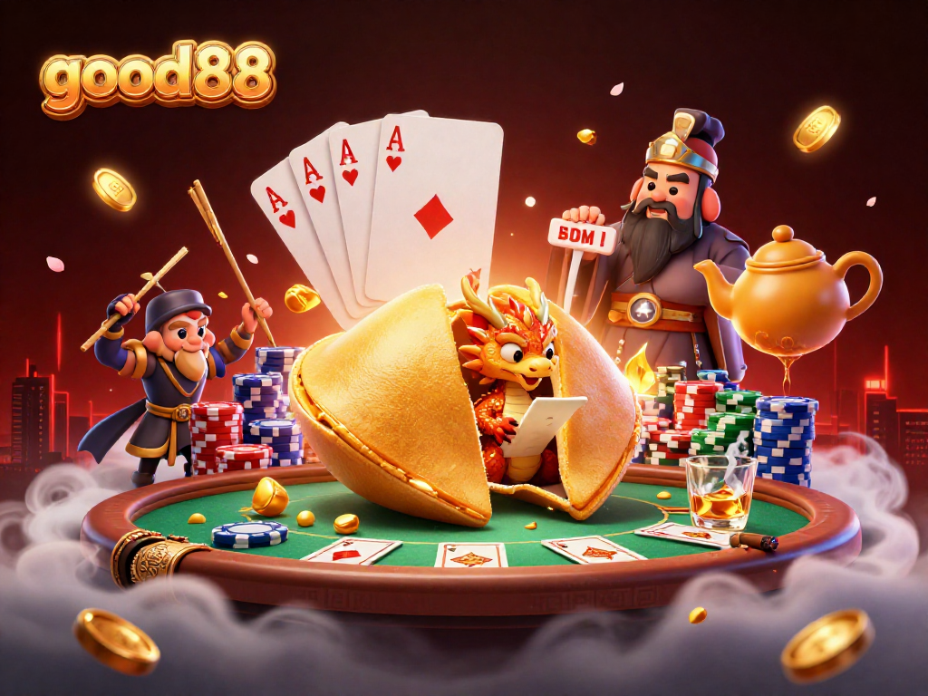 Engage with good88, witnessing a vibrant casino scene with a golden fortune cookie, dragon, and poker elements.