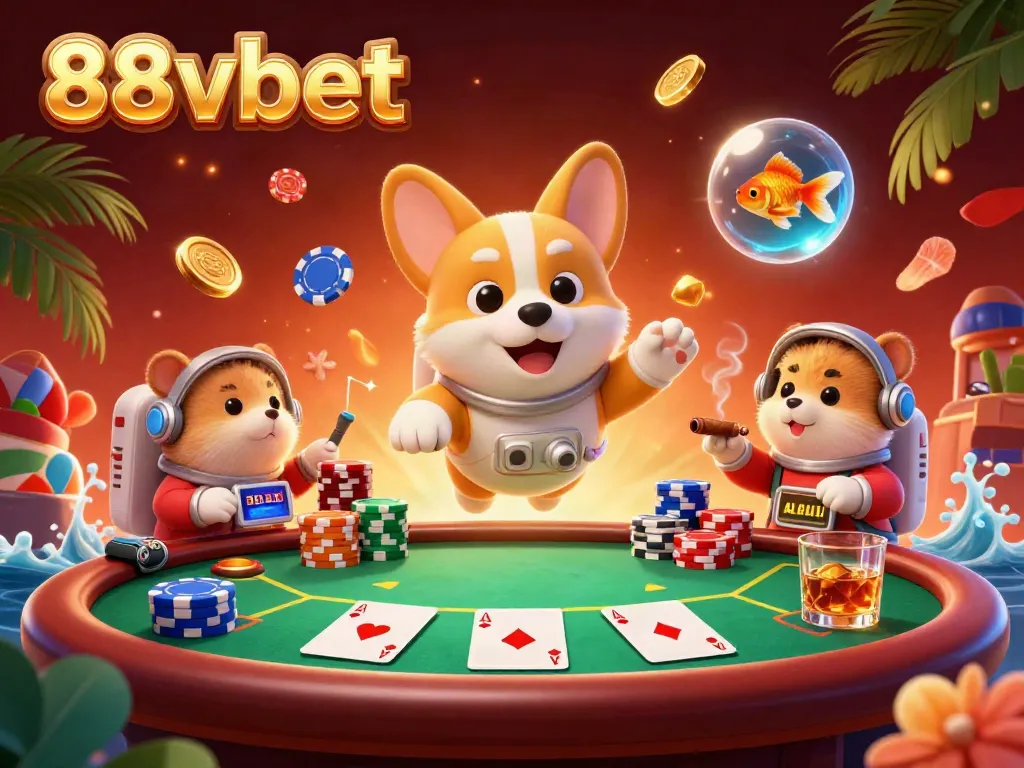 Experience the thrilling atmosphere of 88vbet with a floating casino scene featuring a corgi astronaut and a mission-control hamster.