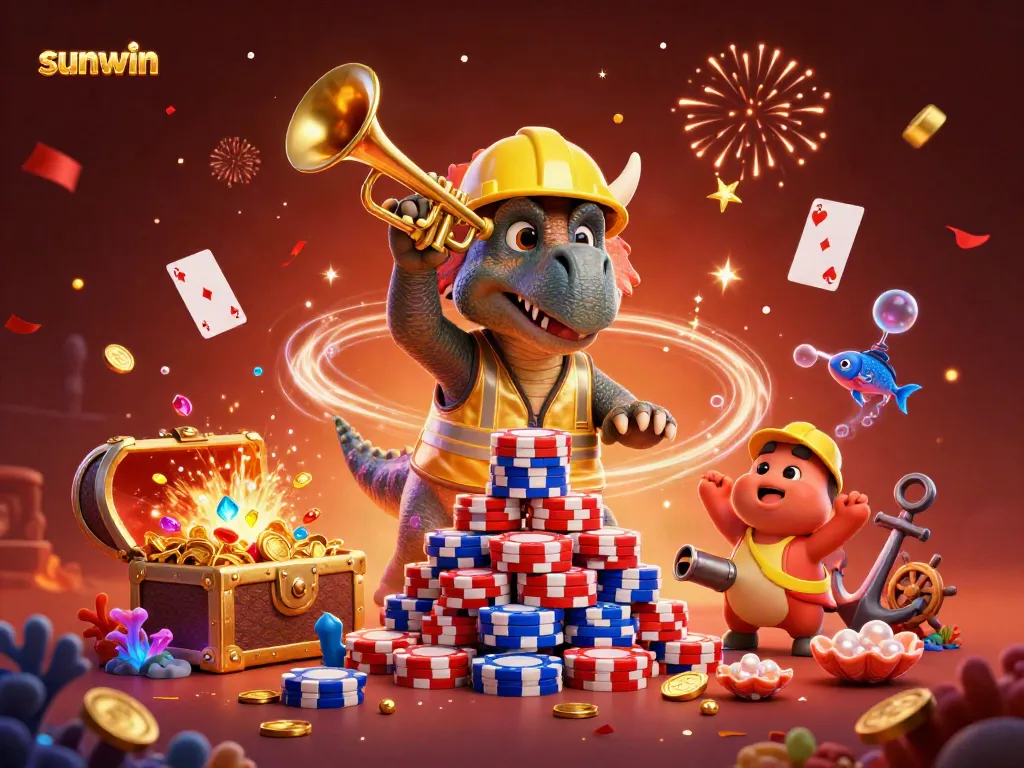 Experience the thrill of sunwin's online gaming world, featuring lively characters celebrating with vibrant poker chips.