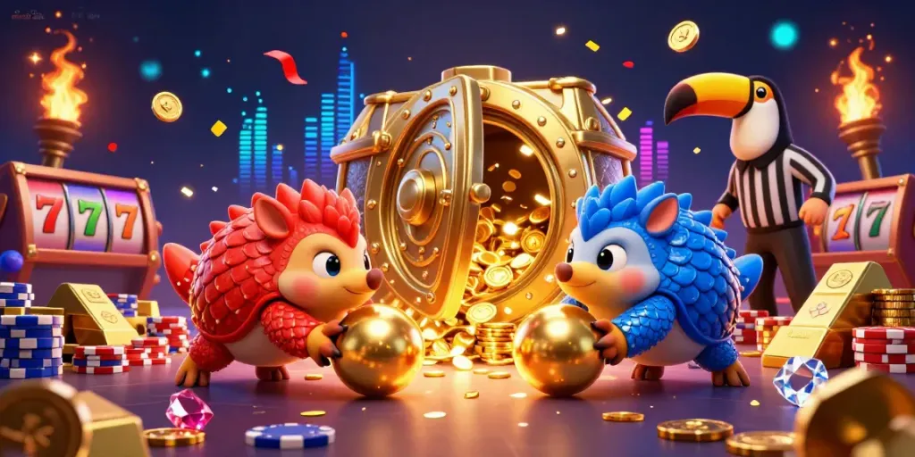 Experience the thrill of mm88 88k as rival pangolins compete amidst golden treasures and casino excitement.