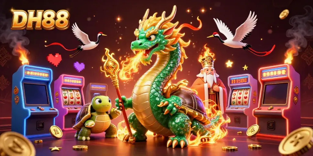 DH88 image showcasing a vibrant casino scene with a jade dragon and lucky symbols.