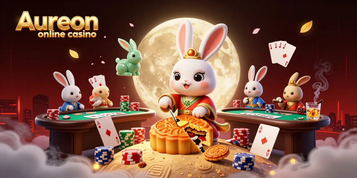 Aureon online casino offers an exciting 3D scene of a moon rabbit and poker elements filled with festive details.