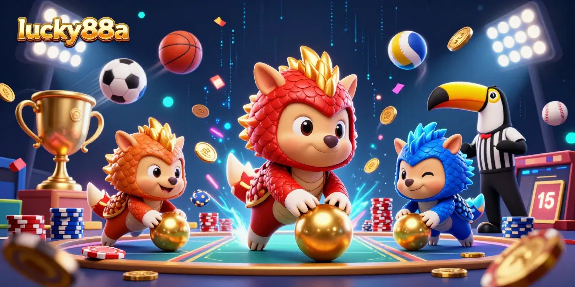 Rolling golden balls in a lively casino scene with lucky88a pangolins and vibrant sports elements.
